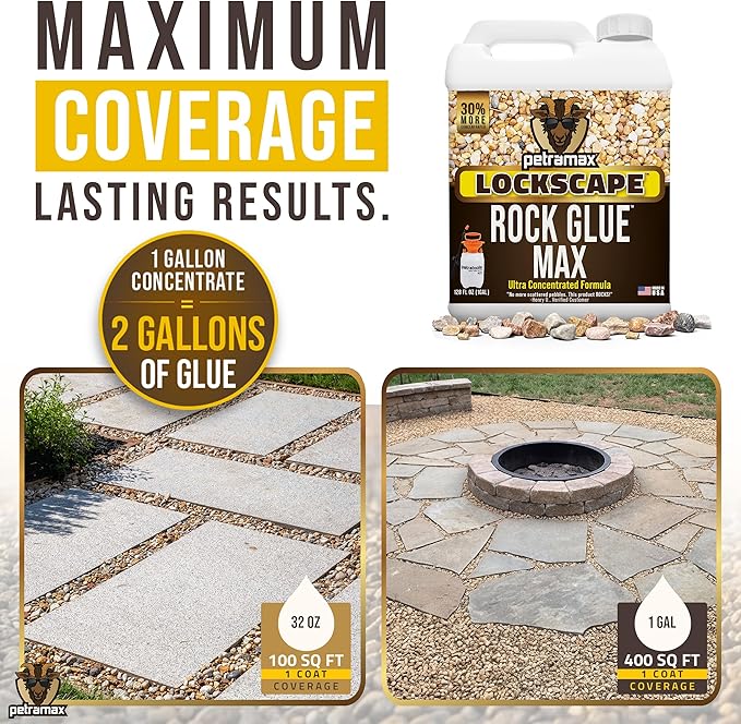 Petra Max Rock Glue for Landscaping, 1 Gallon - Wide Coverage & Pet Safe Mulch Glue for Rocks - Lockdown Gravel/Pebbles/Stones - Sticky Clear Gravel Binder & Decomposed Granite Stabilizer