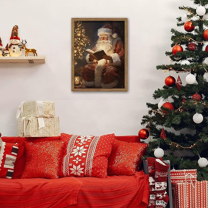 Framed Santa Christmas Wall Art, Vintage Santa Claus Reading Canvas Paintings