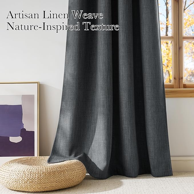NICETOWN Charcoal Gray Faux Linen Room Darkening Rod Pocket Curtains 63 inch