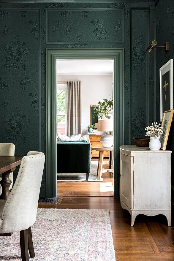 Erfoni 394"x17.7" Dark Green Floral Embossed Wallpaper