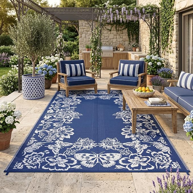 Garvee Outdoor Rugs 8âx10â Waterproof Reversible Mats, Large Area Plastic Straw Rug, Outside Carpet, Butterfly Floral Rv Mat for Patio Camping Picnic Backyard Deck Balcony Porch Beach Trailer