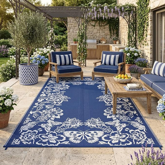 Garvee Outdoor Rugs 8âx10â Waterproof Reversible Mats, Large Area Plastic Straw Rug, Outside Carpet, Butterfly Floral Rv Mat for Patio Camping Picnic Backyard Deck Balcony Porch Beach Trailer