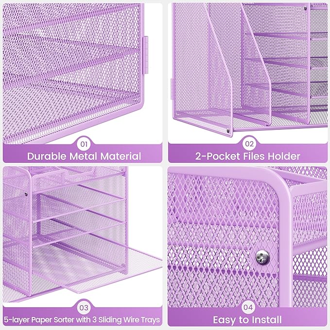 Lavatino 5-Tier Desk Organizer with 2 File Holders, Metal Adjustable Paper Letter Tray for Office or Home Desk Organizers and Accessories | 7 Flexible Dividers Keep Workspace Supplies Neat, Purple