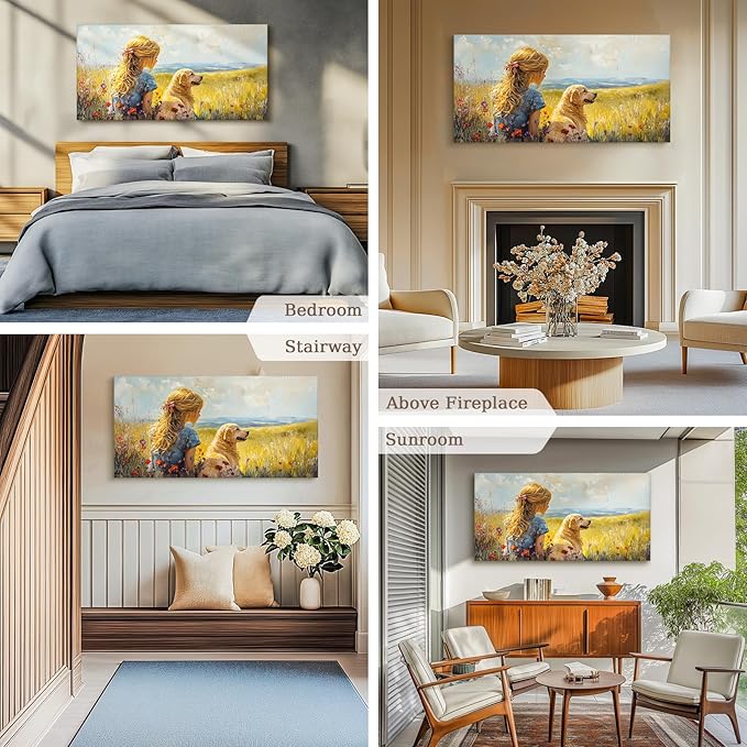 SERIMINO Portrait Landscape Wall Art, Lady and Dog Large Wall Decor, Animal Golden Retriever Cute Canvas Prints, Meadow Wildflowers Rustic House Decorations Living Room Bedroom Bathroom 24"X48"