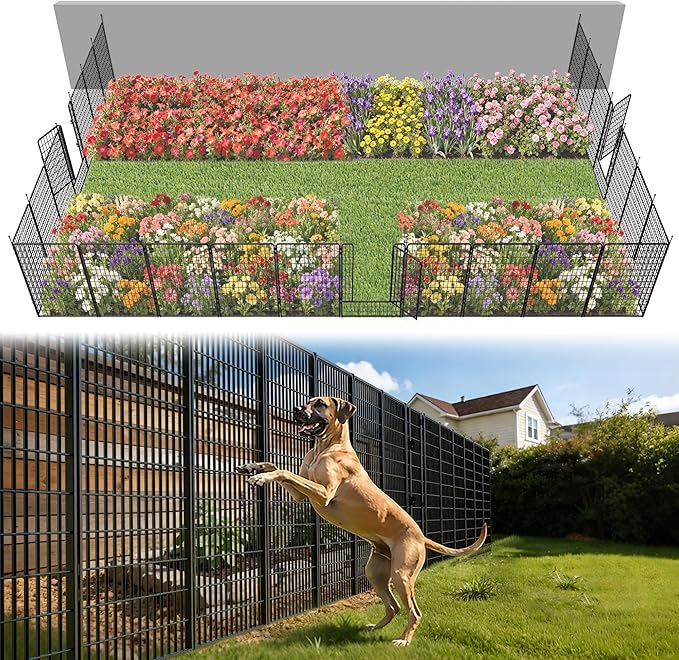 FXW Garden Fence Outdoor for the Yard – 50in(H) x 62.6ft(L) Heavy Duty Metal Animal Barrier for Dog, No Dig Decorative Dog Fence, 24 Panels, Black