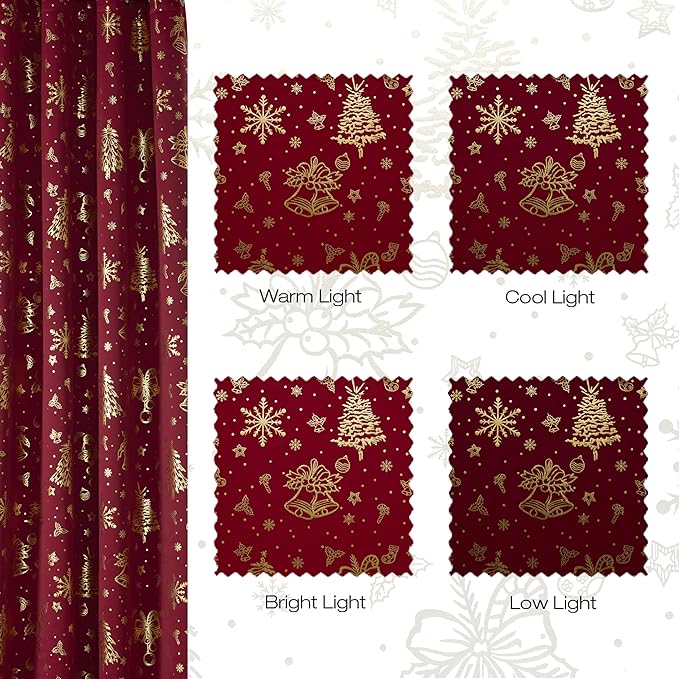 NICETOWN 2 Panels Red Christmas Curtains W42 x L63 in, Rod Pocket Gold Stamping