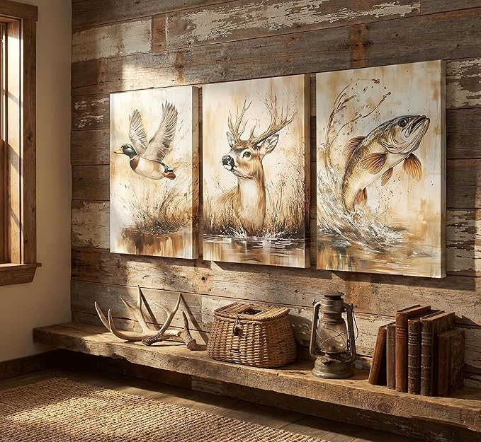3Pcs Rustic Outdoor Wildlife Canvas Wall Art Watercolor Deer Duck And Fish Wall Decor Pictures Vintage Farmhouse Hunting Posters Prints for Living Room Bathroom Kitche Home Decoration