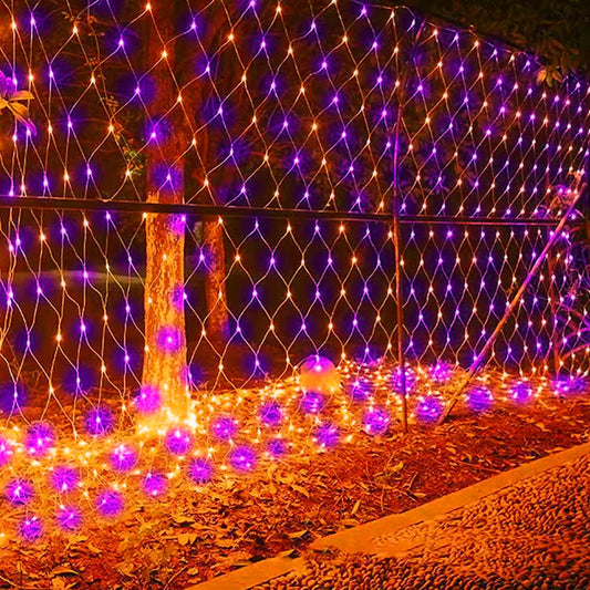 Dazzle Bright 200 LED Net Lights, 9.8 FT x 6.6 FT, Connectable Mesh Lights, Clear Wire, Purple & Orange, Model HB-360WCOI