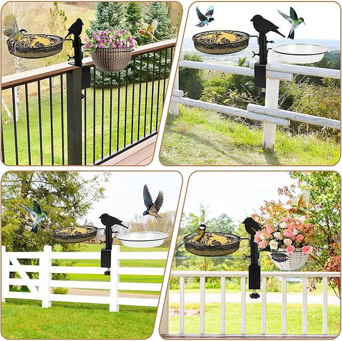 Bird Feeder 3 Inch Clamp for Deck Railings - Heavy Duty Adjustable Clamp with Metal Tray & 2 Detachable Bowls, All-in-One Backyard Gift to Attract Cardinals, Finches to Balcony, Porch, Patio