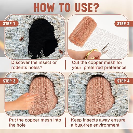 Gisafai 8" x 32 ft Copper Mesh Rodent Control Copper Wool for Slugs Rustproof DIY Hole Filler Pure Wire Mesh for Bat Snail Bird Pest Rodent Control Gap Blocker Fill Fabric Hole Gardening (2 Roll)