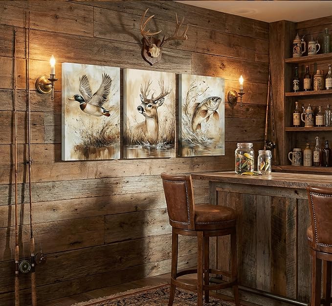 3Pcs Rustic Outdoor Wildlife Canvas Wall Art,Watercolor Deer Duck And Fish Wall Decor Pictures,Vintage Farmhouse Hunting Posters Prints,for Living Room Bathroom Kitche Home Decoration
