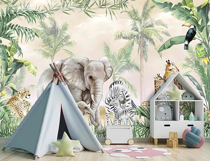Tropical Animal Plants wallpeper Nursery Kids Bedroom Elephant wall Mural