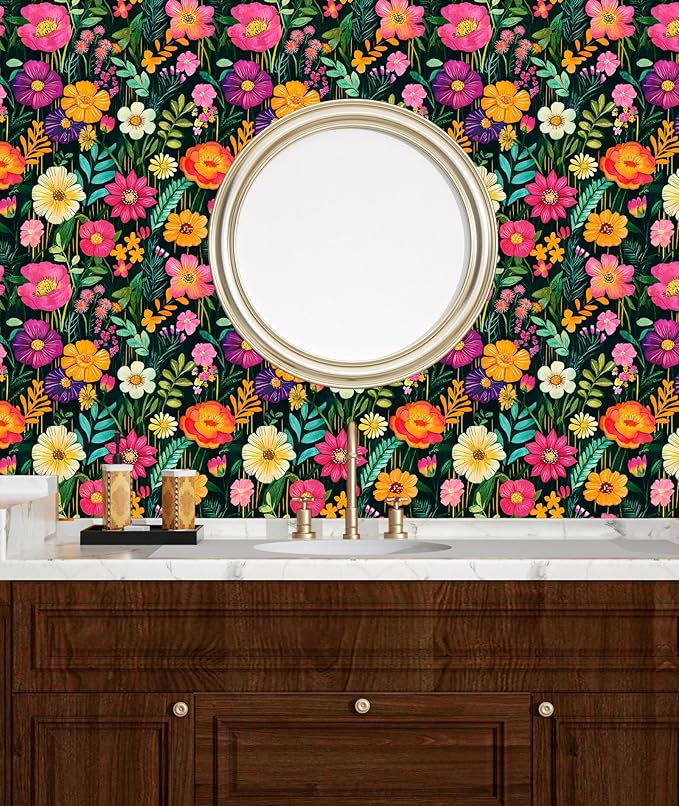 BOKEBEVE Extra Long Watercolor Colorful Floral Wallpaper Peel and Stick Green