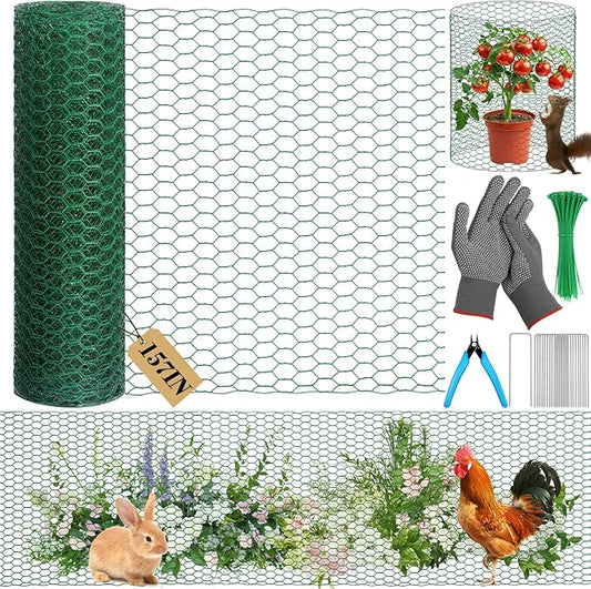 Lucomb Plant Protectors from Animals 15.7 x 157 in Green Chicken Wire Plant Cages for Outdoor Plants, Hexagonal Wire Plant Protector with Ground Stakes, Pliers, Garden Protection from Animals