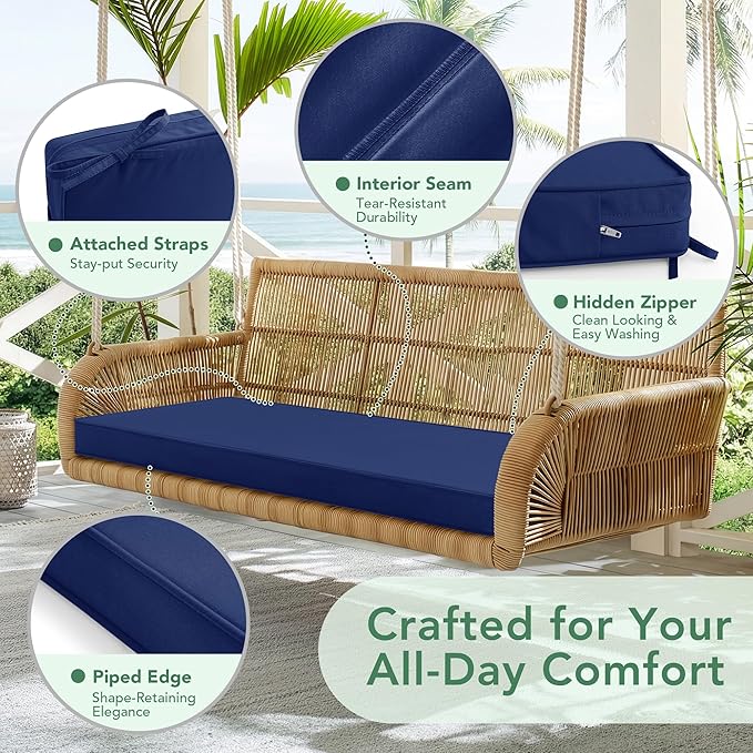 Summsun Outdoor Bench Cushion: Waterproof and Fade Resistant Patio Furniture Cushions - Non-Slip Bench Pad Cushion with Removable Cover for Garden Swing Porch Sofa Settee, 59 x 18 Inch, Navy Blue