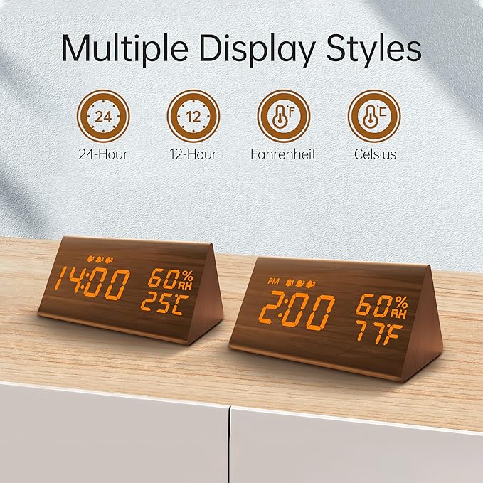 JALL Digital Alarm Clock, with Wooden Electronic LED Time Display, 3 Alarm Settings, Humidity & Temperature Detect, Wood Made Electric Clocks for Bedroom, Bedside (Brown)