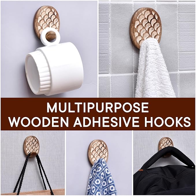 Indian Shelf 6 Lb- 3 Pieces Decorative Wood Adhesive Wall Hooks–Boho Peel and