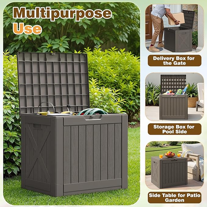 Flamaker Resin Deck Box 40 Gallon Waterproof Outdoor Indoor Storage Box Imitation Wood Resin for Patio Furniture Garden Tools and Pool (Deep Brown)