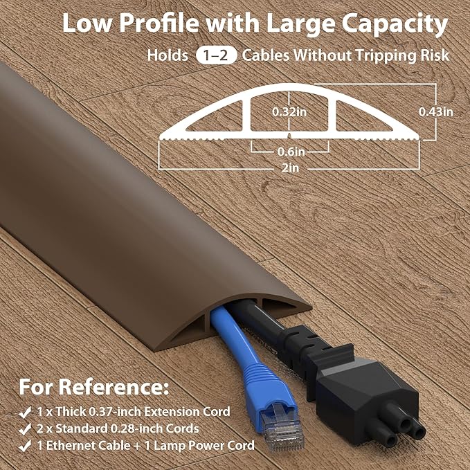 ZhiYo 6ft Cord Hider Floor, Soft PVC Cord Covers for Wires on Floor, Wire Cover to Hide Extension Cords, Cable Cover Protect Cords & Prevent Trips, Cable Cavity: W0.6in x H0.32in, Vintage Coffee Brown