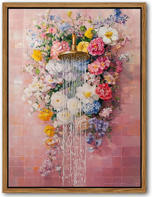 Floating Framed Floral Shower Wall Art, Romantic Blooming Roses Waterfall