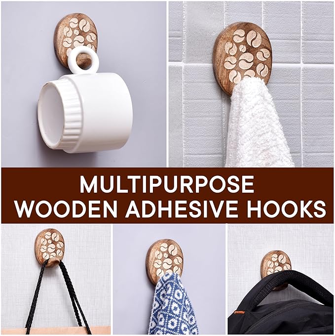 IndianShelf 6 Lb- 24 Pieces Decorative Wood Adhesive Wall Hooks–Boho Peel and