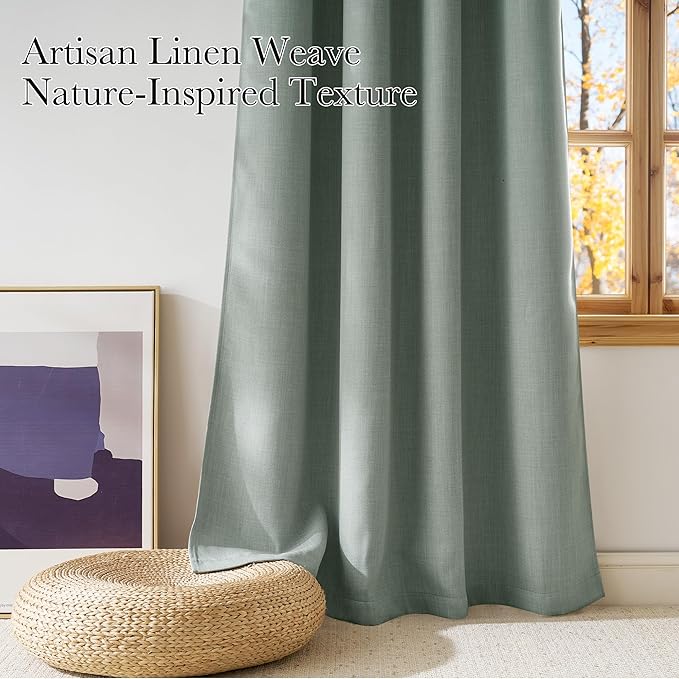 NICETOWN Sage Green Faux Linen Room Darkening Rod Pocket Curtains 63 inch Length
