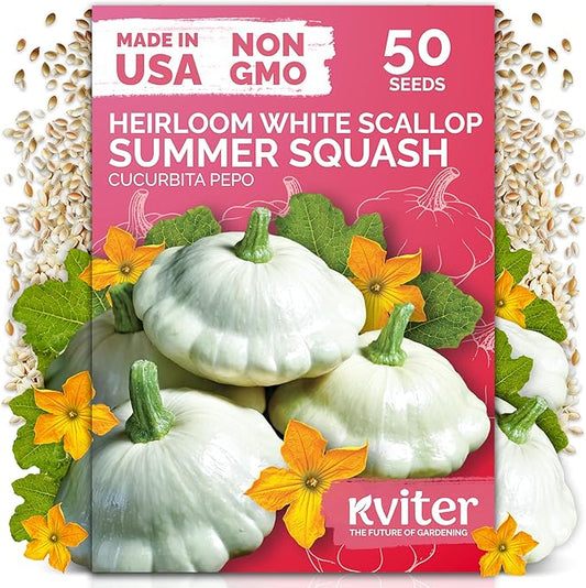 KVITER 50 White Patty Pan Squash Seeds (Cucurbita Pepo) â Scallops Bush Summer Squash Seed Packets for Vegetable Garden â Non GMO Heirloom Vegetable Seeds for Planting Outdoors, Home Garden