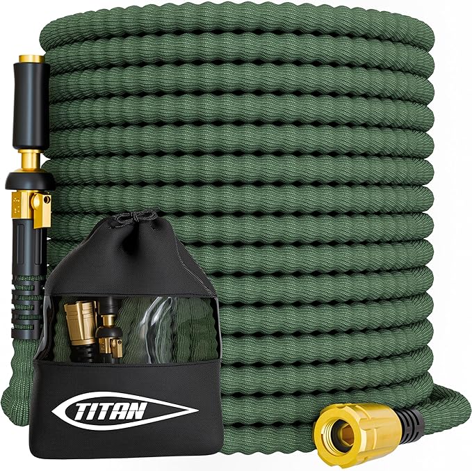 TITAN Flexible Garden Hose 100FT – Ultra Lightweight, Heavy Duty Water Hose with Brass Fittings & Jet Nozzle – Kink-Free, Non-Expanding, Durable Fabric Hose for Yard, Lawn, Car Wash, Outdoor Use