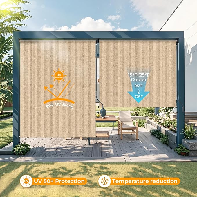 HOMEDEMO Outdoor Roller Shades for Patio, Sun Roller Shade Cloth Roll Blinds