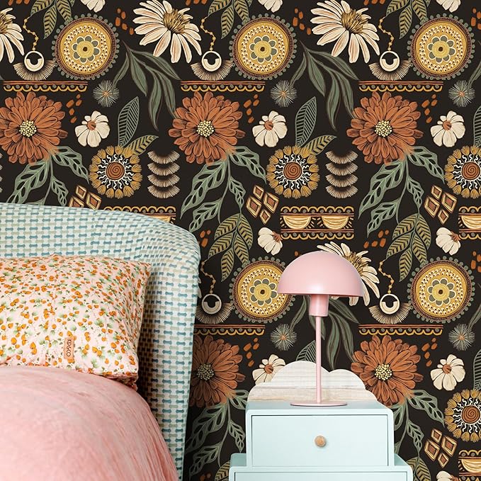 JiffDiff Boho Wallpaper Peel and Stick 17.3" x 400" Vintage Sun Floral Retro