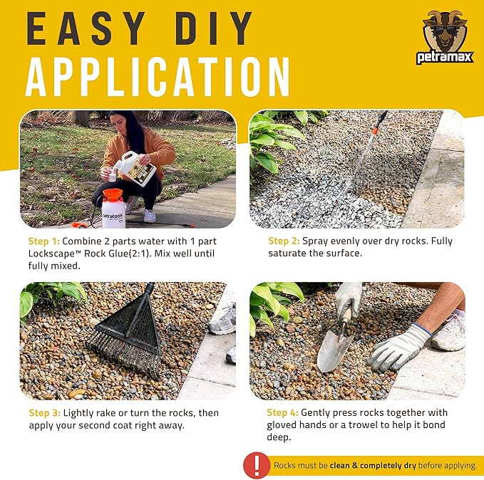Petra Max Rock Glue for Landscaping, 1 Gallon - Wide Coverage & Pet Safe Mulch Glue for Rocks - Lockdown Gravel/Pebbles/Stones - Sticky Clear Gravel Binder & Decomposed Granite Stabilizer