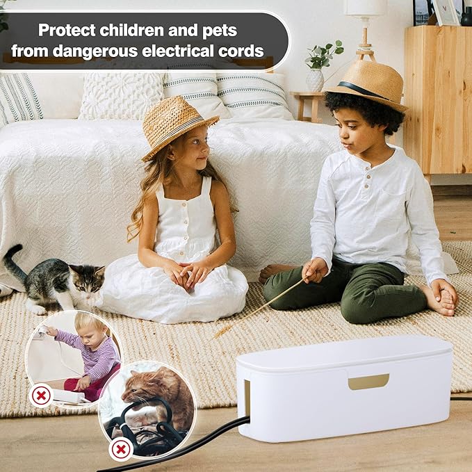 Cable Management Box - Large Cord Organizer Box to Hide Power Strip & Under Desk, TV Computer Wires Cable Organizer Box with Baby Proofs, Desk Cord Organizer for Home/Office - White
