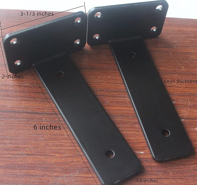 4 Pack - 6 inch Black Hidden L Shelf Bracket Iron Floating Shelf Brackets