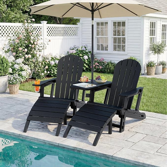 JY QAQA Outdoor Adirondack Chair Set of 2 with Detachable Table & Ottoman, All-Weather HDPE Patio Furniture with Wood Texture & Cup Holder for Patio, Poolside, Garden, Black