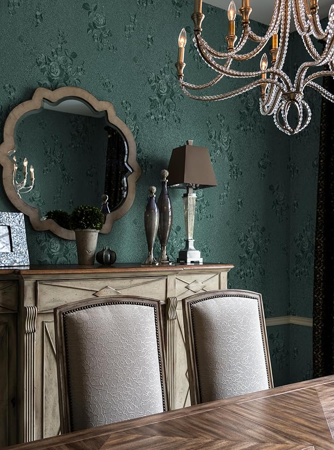 Erfoni 394"x17.7" Dark Green Floral Embossed Wallpaper