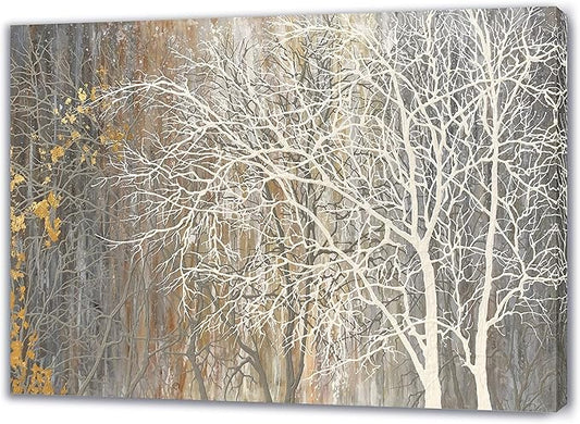 Yihui Arts Canvas Wall Art Hand Painted White Tree Pictures Brown Forest