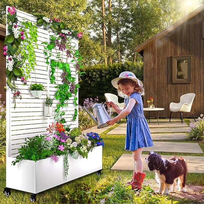MTART Metal Planter Box with Trellis, 72.1"x47.2"x16" Outdoor Galvanized Raised