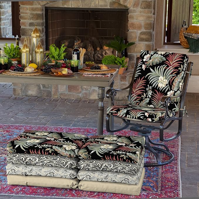 Arden 4-Pack Outdoor Patio Dining Chair Cushion, 20x44, Rain-Proof Seat Pad, Fade-Resistant Outdoor Cushion Simone Black Tropical