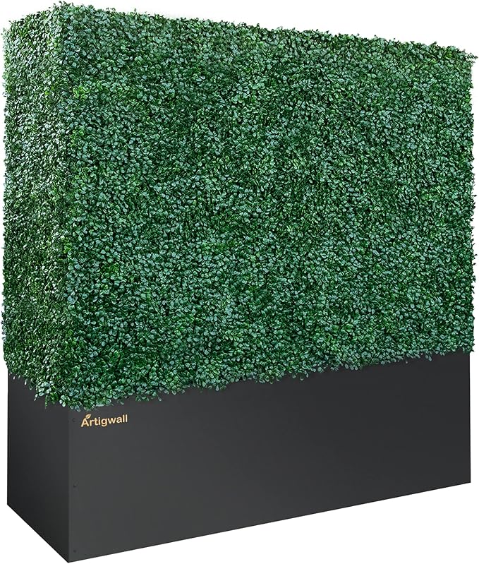 Artificial Boxwood Hedge Divider Wall with Black 201 Stainless Steel Planter Box (60" L X 48" H X 14" D)