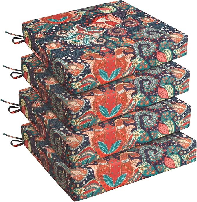 UNIKOME Outdoor Chair Cushions Pack of 4, Water Resistant Patio Cushions with Ties, High Density Sponge Filling Square Corner Seat Cushions for Outdoor Furniture, 24"*24"*4", Boho