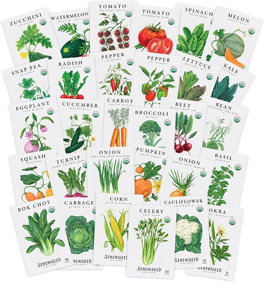 Sereniseed Certified Organic Vegetable Seeds (30-Pack) â Non GMO, Open Pollinated - Basil, Snap Pea, Broccoli, Bean, Jalapeno, Tomato, Lettuce, Cucumber, Carrot, Zucchini Seeds for Planting