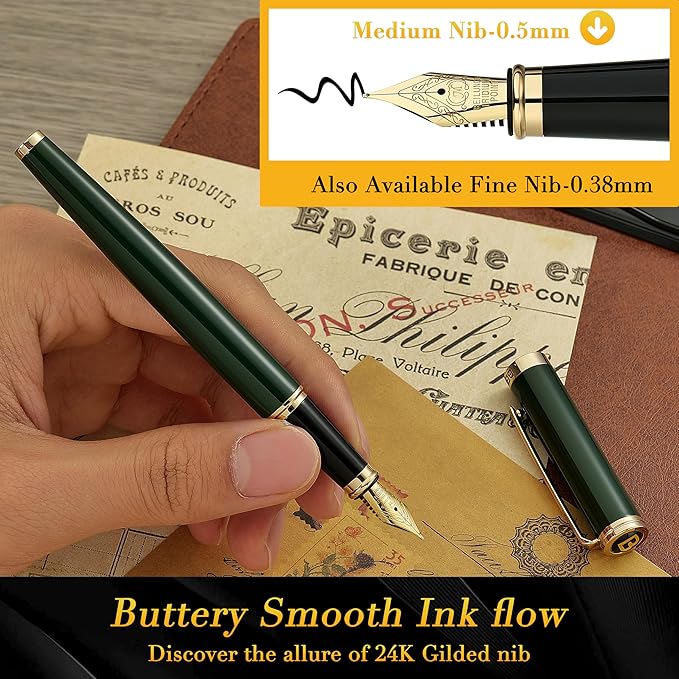 BEILUNER Racing Green Fountain Pen,Stunning Luxury Pens with 24K Gold Finish, Gorgeous 24K Gilded Nib(Medium), Fancy Pen Gift for Men&Women -Ink Converter-Christmas, Office,Fancy,Nice Pen for Writing
