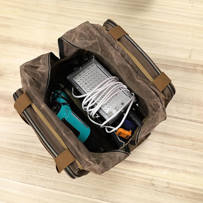 Kaaltisy 16oz Waxed Canvas Tool Bag – Robust Zipper Garden Tools Tote with 3 Compartments & Padded Handle (Grey) – Tool Organizer for Gardening Wire Cutters Goggles