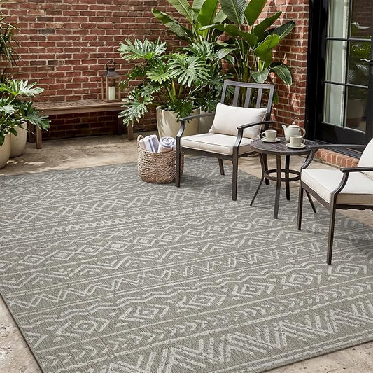 MontVoo-Outdoor Rug-Patio Rug 4x6 Polypropylene Indoor Outdoor Rugs Outdoor Carpet for Patio Deck Balcony Porch, Textured Weave, Durable for High Traffic, Fade-Resistant, Boho Farmhouse Silver Grey