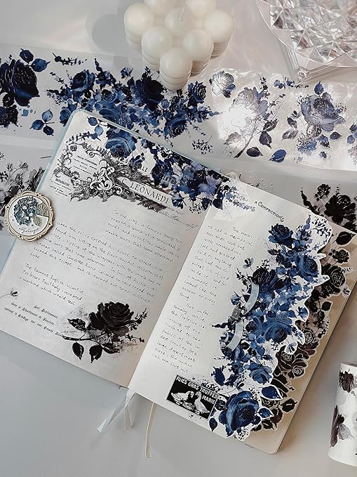 WT Rose Noir Wide Washi Tape Gilded, Single Roll, Original Designs, Black Flower Gold Foil Decors, Journal Scrapbook Bujo Planner DIY Crafts Supplies Gifts, Vintage Floral Adhesive Tape