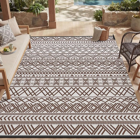 MontVoo-Outdoor Rug Carpet Waterproof 6x9 ft Reversible Patio Rug RV Camping Rug-Plastic Straw Rug Outside Indoor Outdoor Area Rug for Patio Deck Balcony Picnic Beach Outdoor Decor Boho Beige Brown