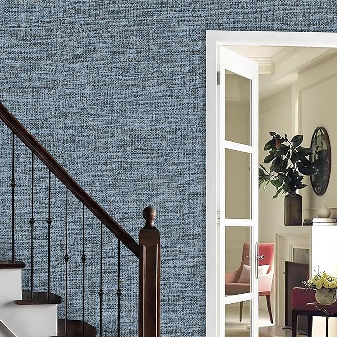 Blue Gray Grasscloth Peel and Stick Wallpaper 17.3"x480" Faux Linen Textured