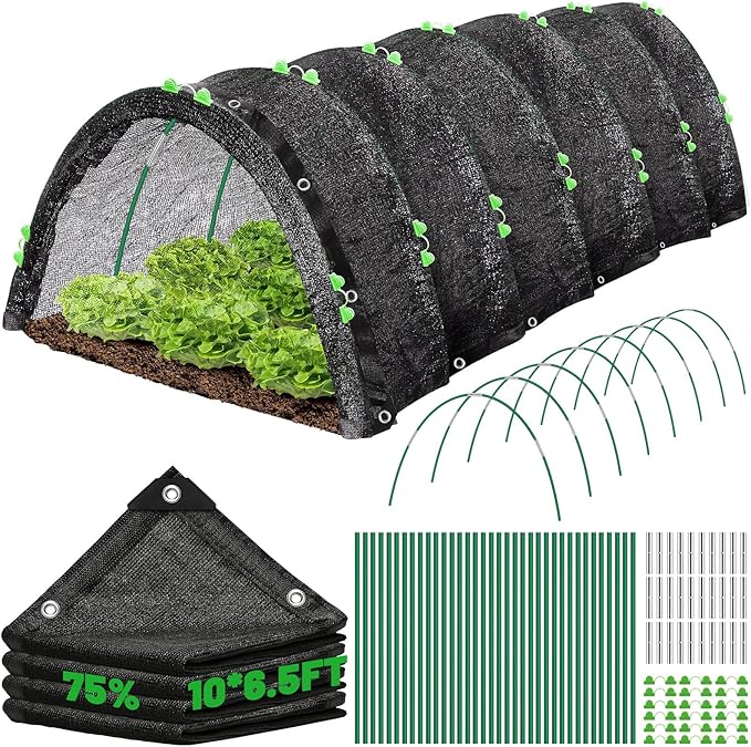 10 X 6.5FT 75% Garden Shade Cloth with Hoops, Plant Shade Cloth Garden Greenhouse Grow Tunnel for Heat Protection, Raised Bed Row Cover Black Netting Tarp for Outdoor Outside Patio Chicken Coops
