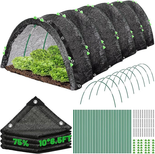 10 X 6.5FT 75% Garden Shade Cloth with Hoops, Plant Shade Cloth Garden Greenhouse Grow Tunnel for Heat Protection, Raised Bed Row Cover Black Netting Tarp for Outdoor Outside Patio Chicken Coops