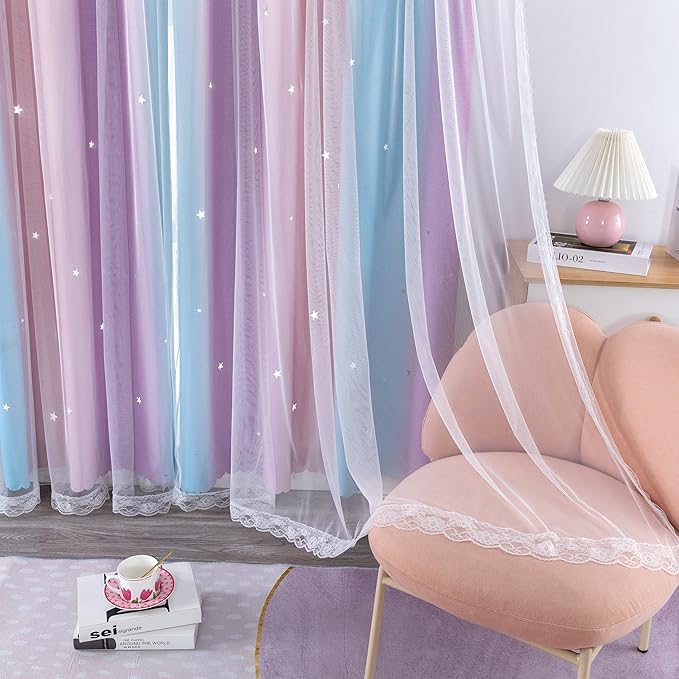 XiDi Pink & Purple Curtains, Unicorn Wall Decals